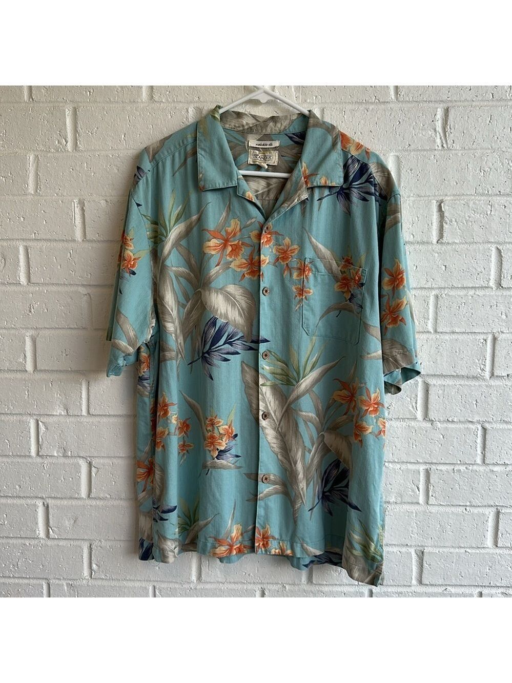 Islander Men's Short Sleeve Washable Silk Button Down Shirt Aqua/Orange print XL
